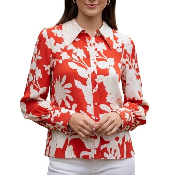 Figue Floral Button Down Long Sleeve Shirt Red Sz 2 Maximalist - Picture 1 of 10